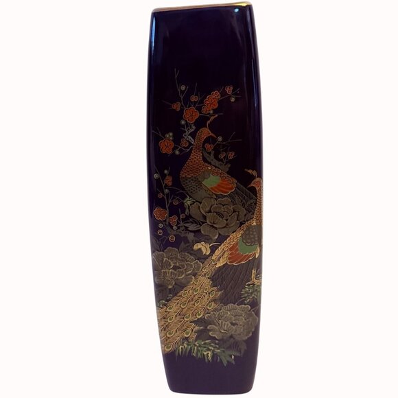 Japanese Peacock Vase Cobalt Blue VTG Tall Square Cylinder Floral Kutani Style - Picture 15 of 16